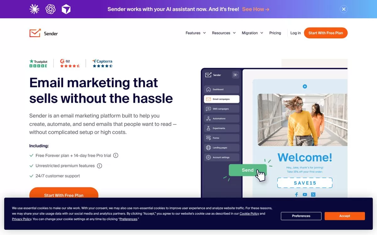 Sender homepage showing email marketing without the hassle, one of the best AI email marketing tools