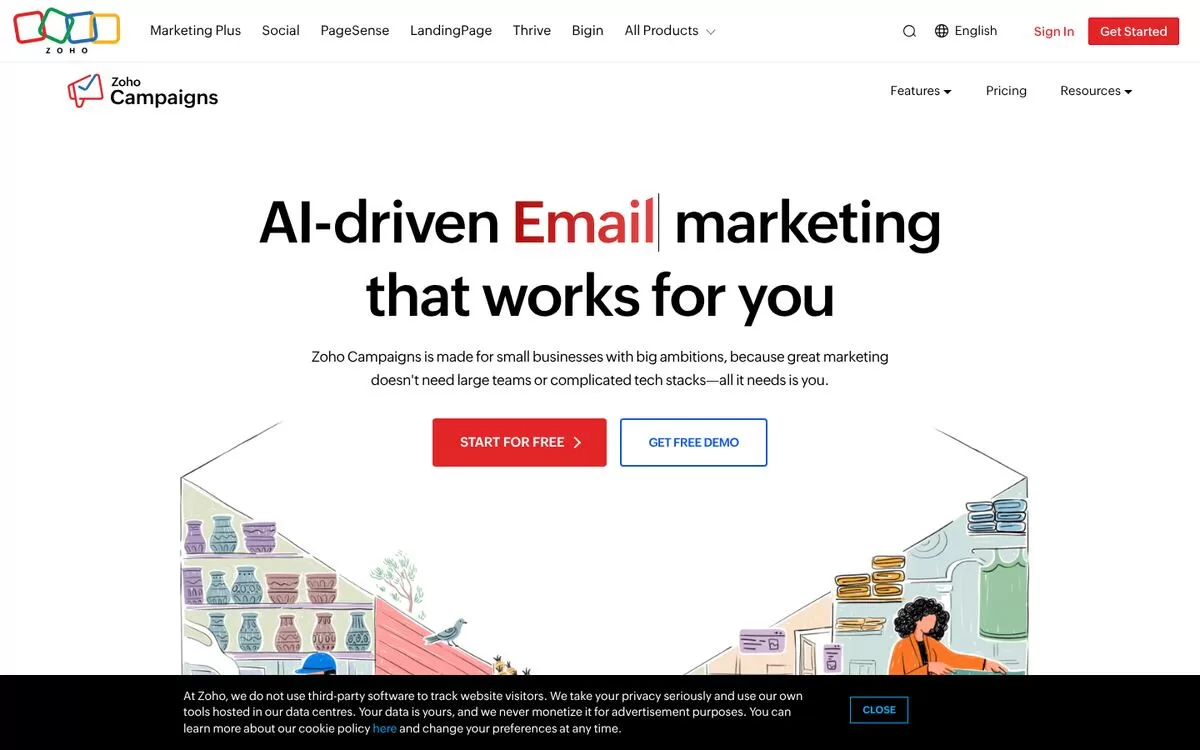 Zoho Campaigns homepage showing AI-driven email marketing, one of the best AI email marketing tools