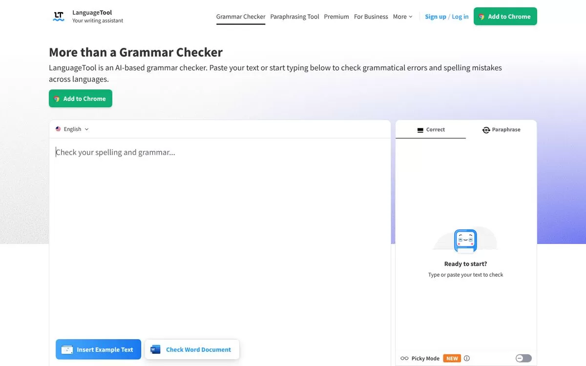 LanguageTool grammar checker page with a text box for an AI grammar checker and paraphraser online, one of the best AI grammar checkers