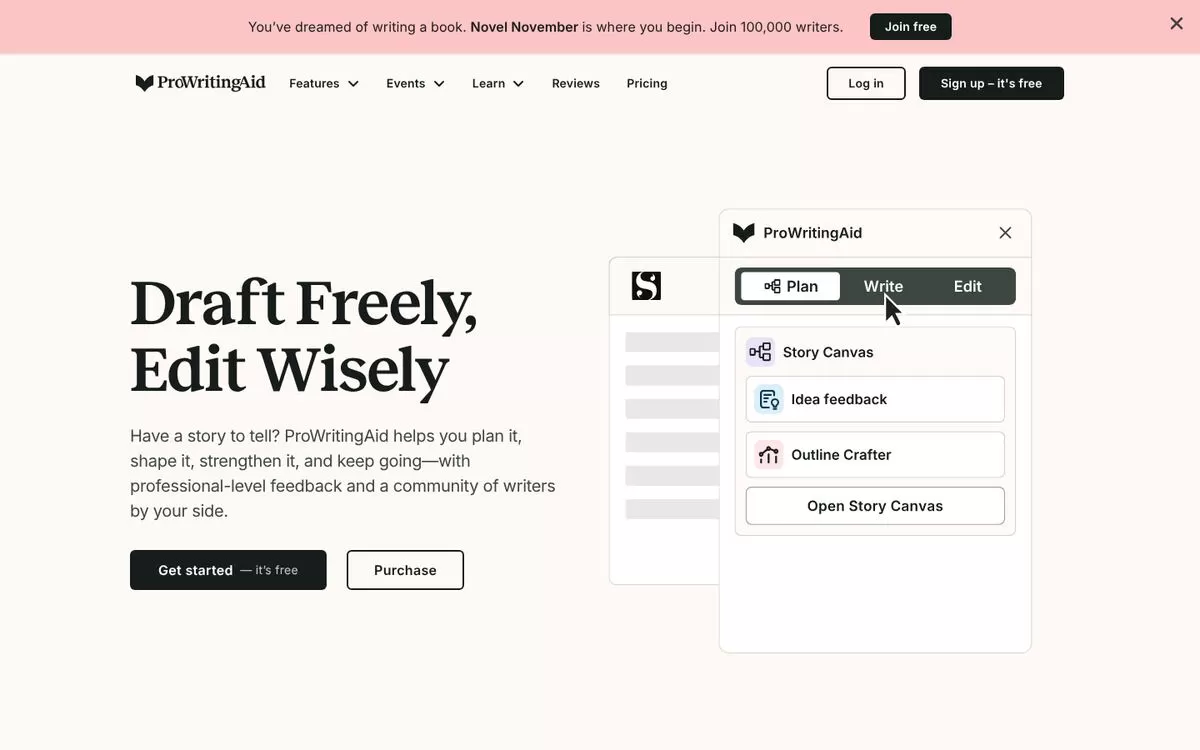 ProWritingAid homepage showing the Story Canvas writing tools, an AI grammar checker for authors, one of the best AI grammar checkers