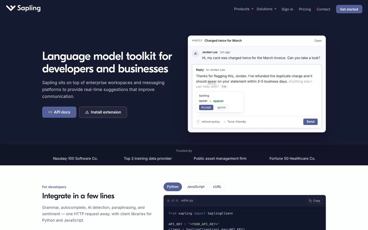 Sapling homepage showing grammar suggestions in a support reply, an AI grammar checker for business teams, one of the best AI grammar checkers
