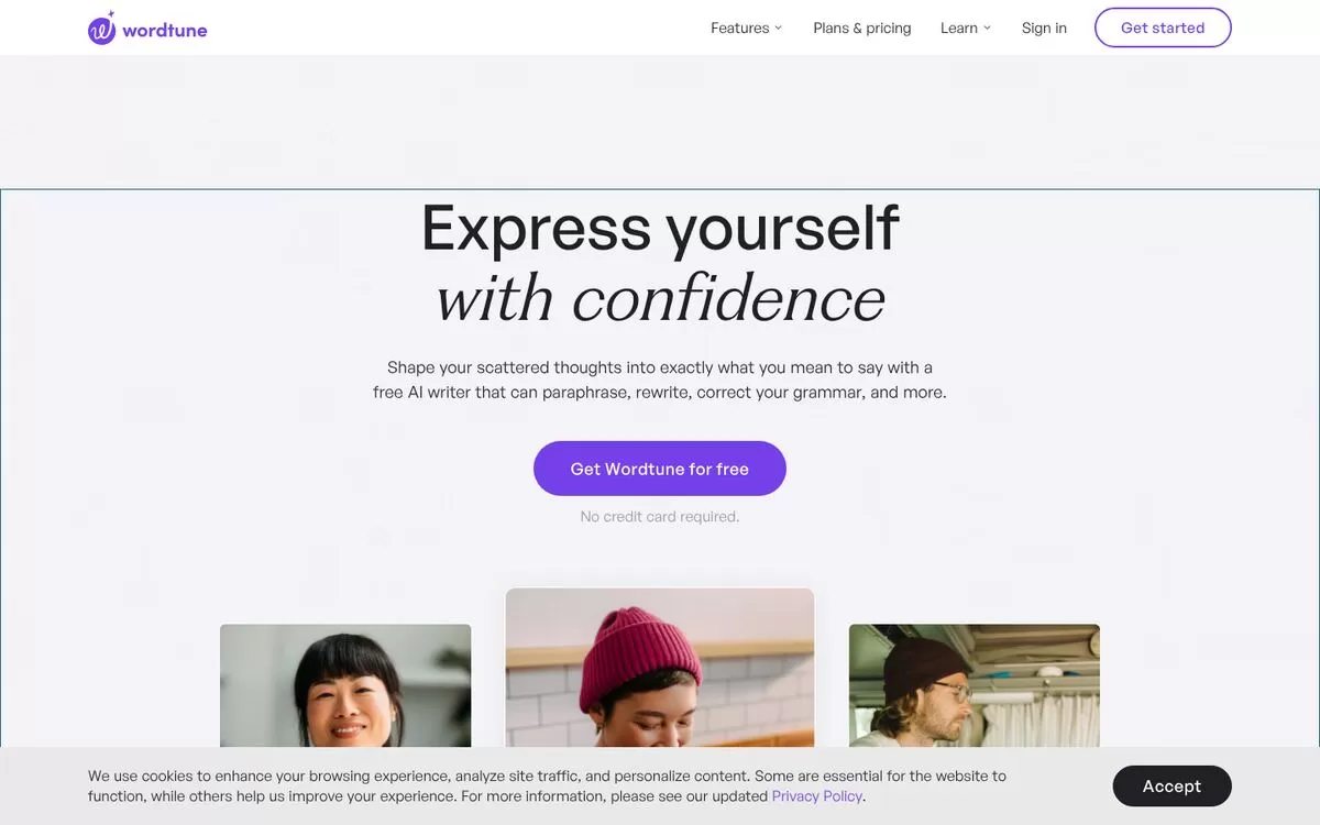 Wordtune homepage inviting users to express themselves with confidence, an AI grammar checker and paraphraser, one of the best AI grammar checkers