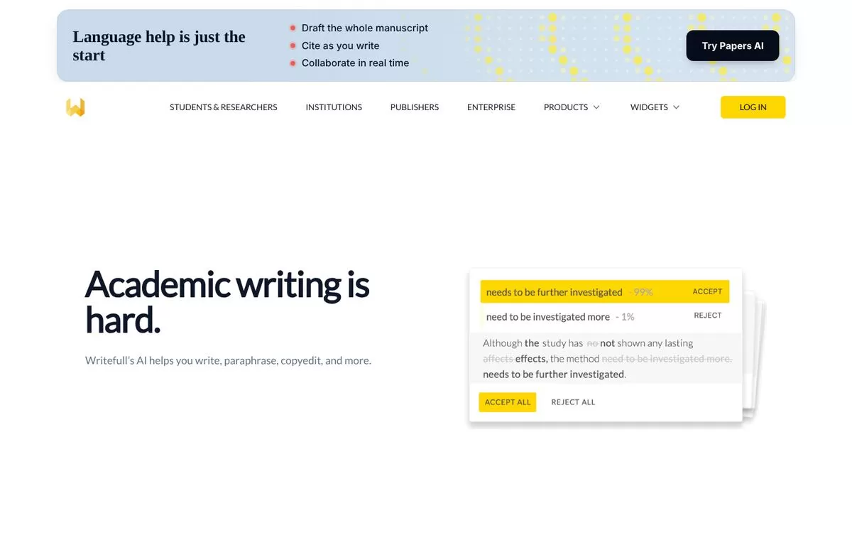 Writefull homepage showing academic writing suggestions, an AI grammar checker for researchers, one of the best AI grammar checkers
