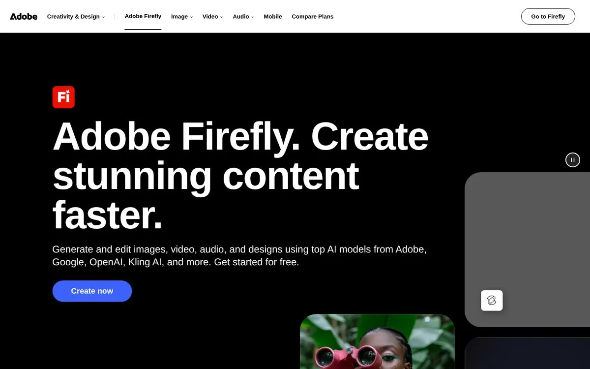 Adobe Firefly homepage promoting image, video and audio creation, one of the best AI image generators