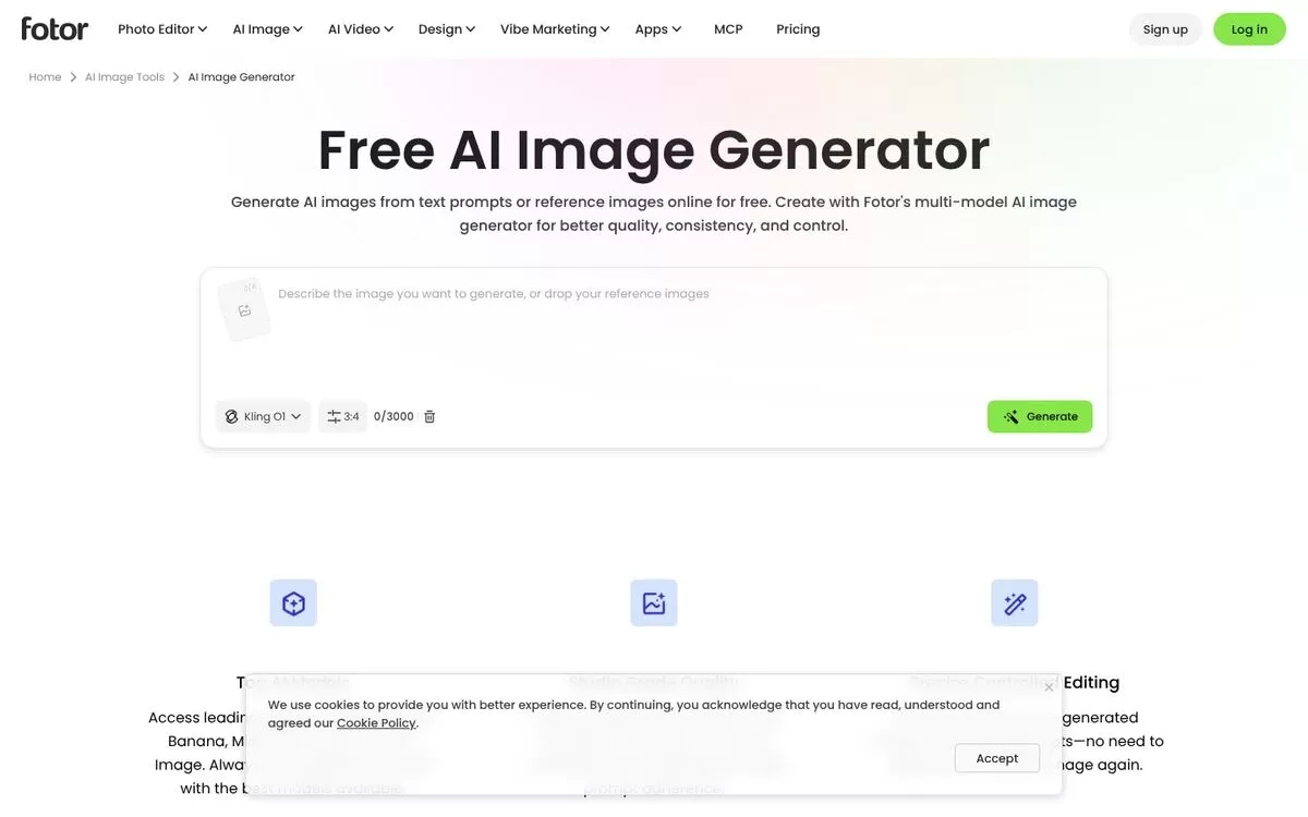 Fotor free AI image generator page with a prompt box, one of the best AI image generators
