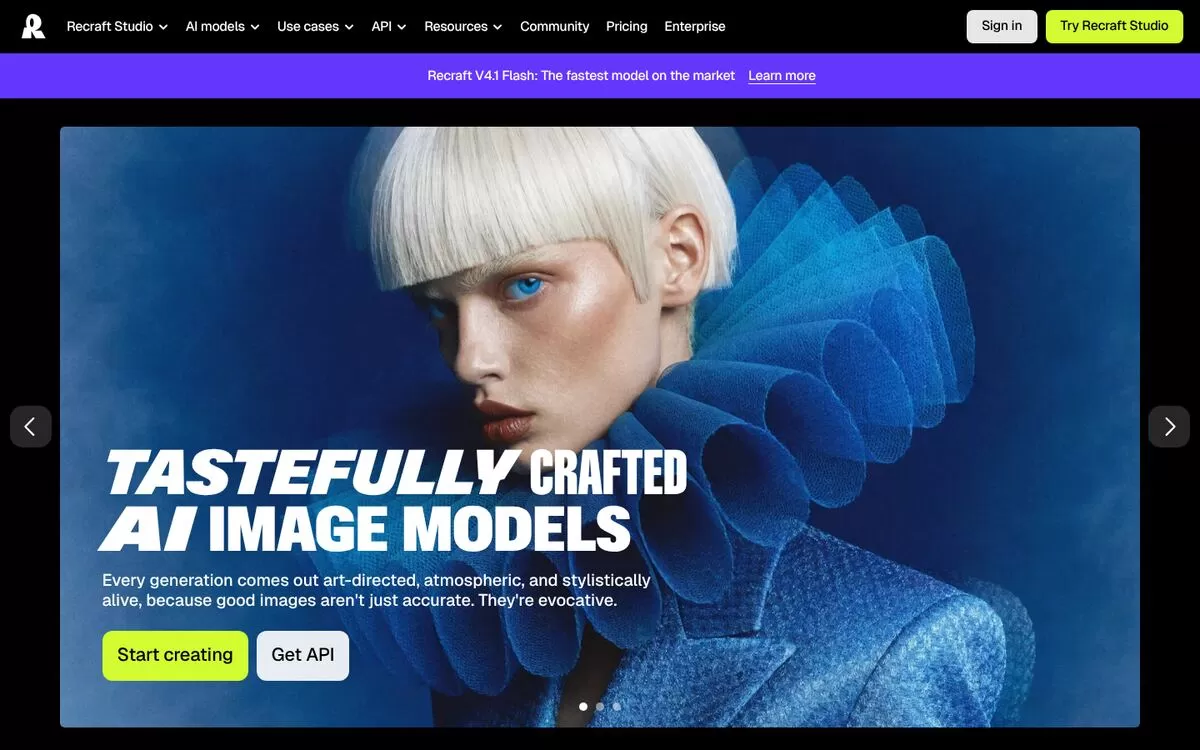 Recraft homepage showing its tastefully crafted AI image models, one of the best AI image generators