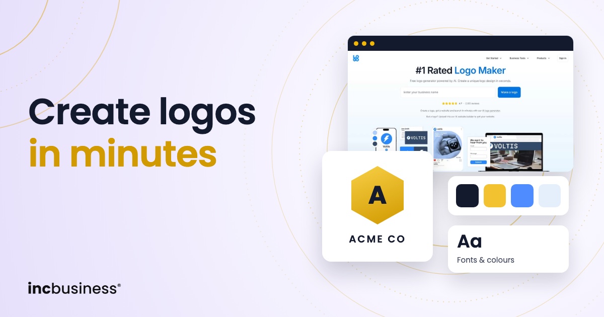 Cover for the guide to the best AI logo makers, showing a logo maker page and a sample gold logo