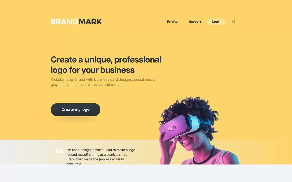 Brandmark homepage showing its create my logo button, one of the best AI logo makers
