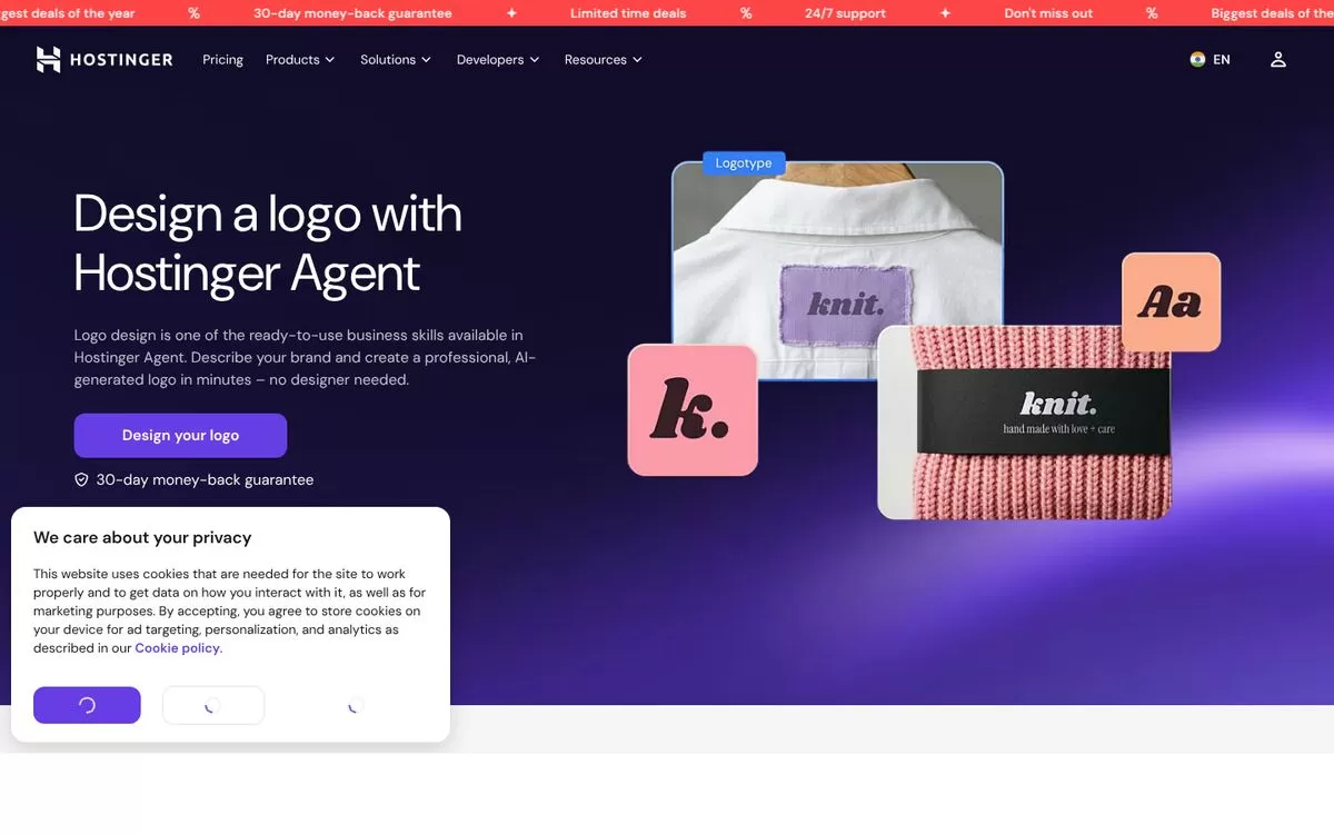 Hostinger AI logo maker page showing logo mockups, one of the best AI logo makers