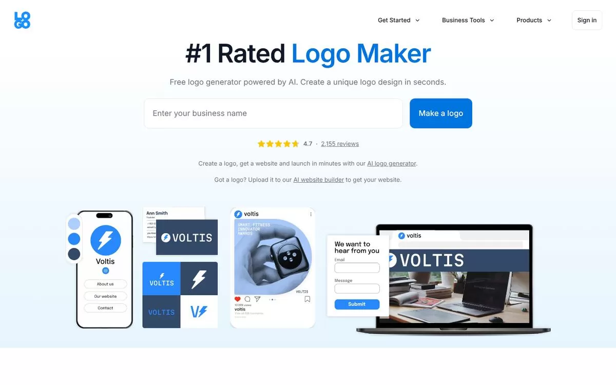 Logo.com homepage with business name box and brand mockups, one of the best AI logo makers