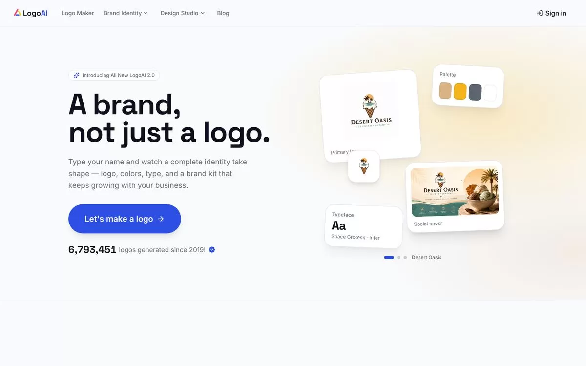LogoAI homepage showing a logo and brand palette, one of the best AI logo makers