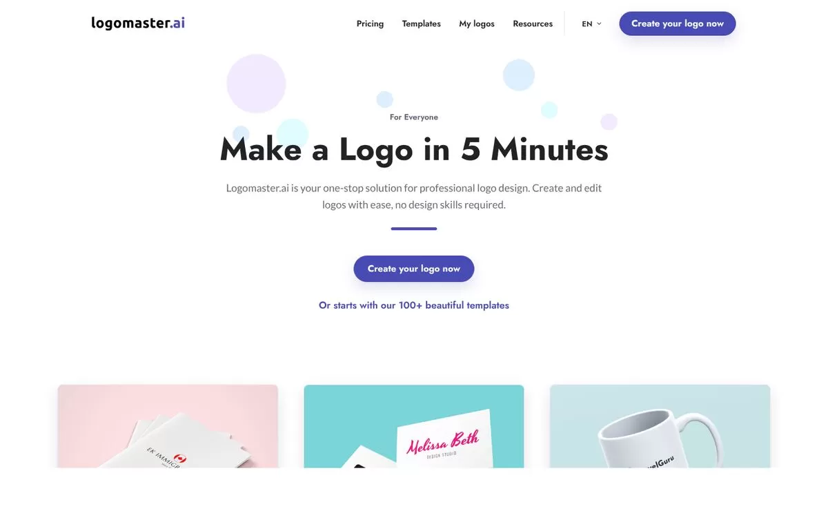 Logomaster.ai homepage promising a logo in 5 minutes, one of the best AI logo makers