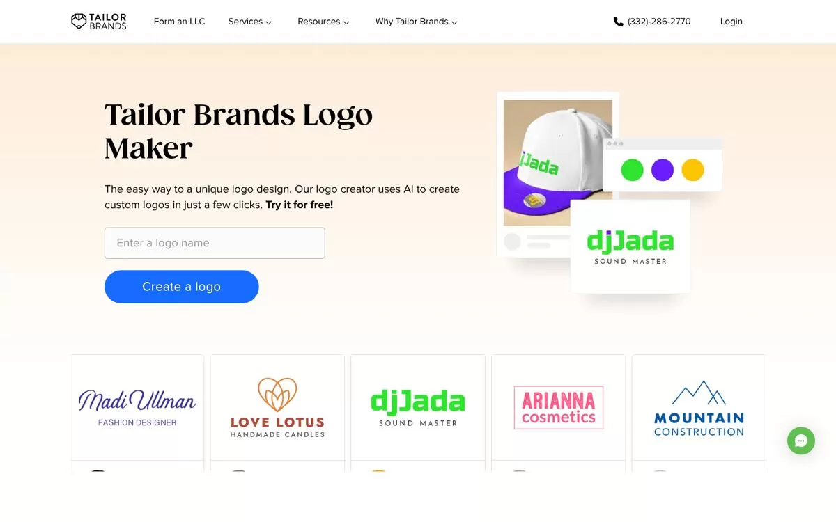 Tailor Brands logo maker page with sample logos, one of the best AI logo makers