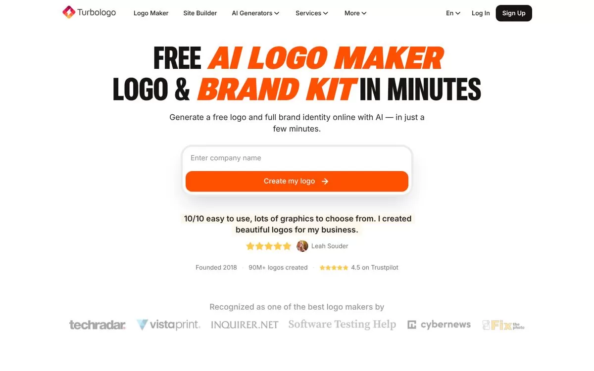 Turbologo homepage for its free AI logo maker, one of the best AI logo makers