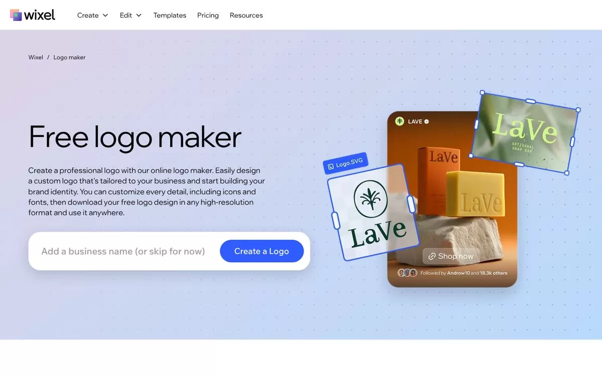 Wixel free logo maker page with a logo editor preview, one of the best AI logo makers