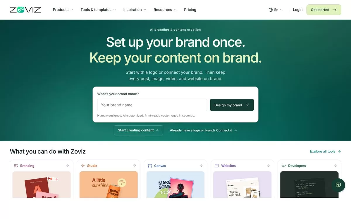 Zoviz homepage showing brand name box, one of the best AI logo makers