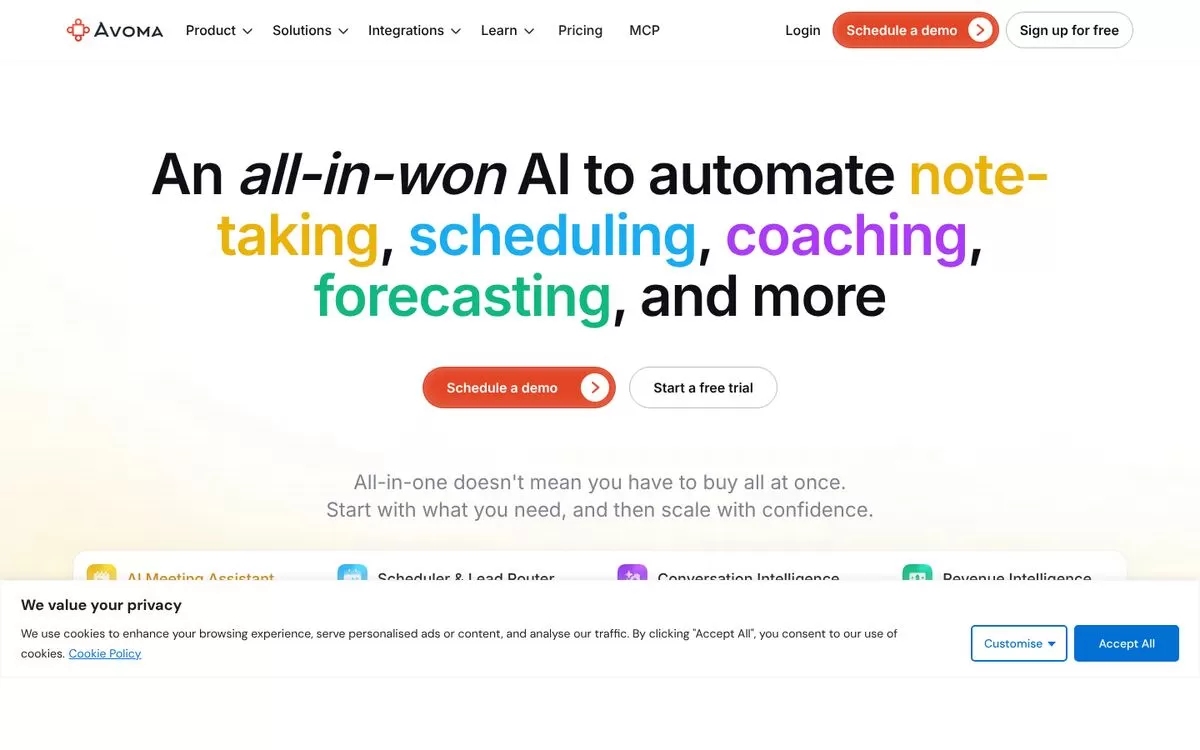 Avoma website homepage, one of the best AI meeting note takers