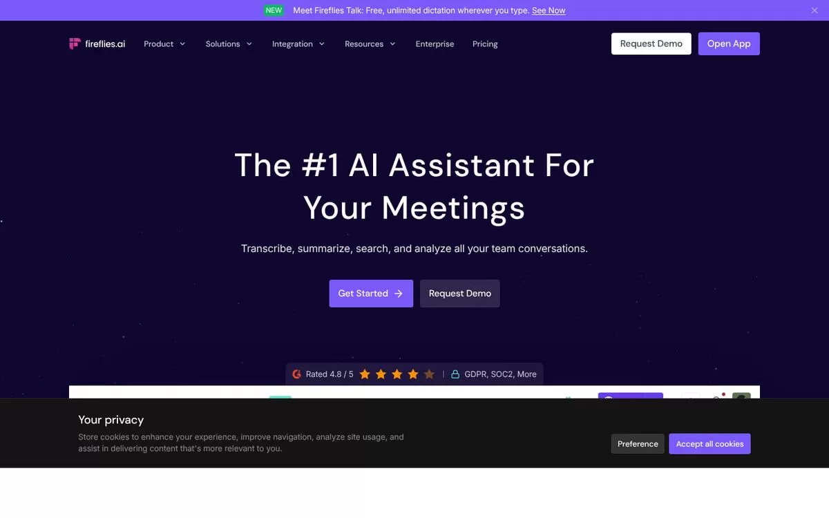 Fireflies.ai website homepage, one of the best AI meeting note takers