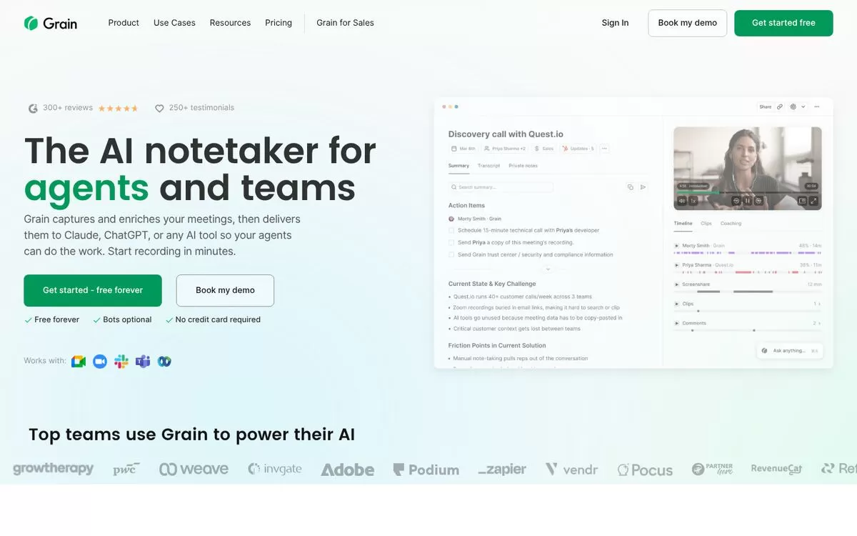 Grain website homepage, one of the best AI meeting note takers