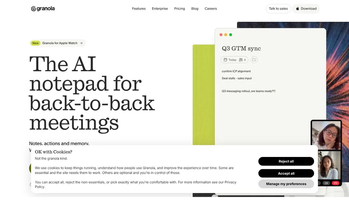 Granola website homepage, one of the best AI meeting note takers