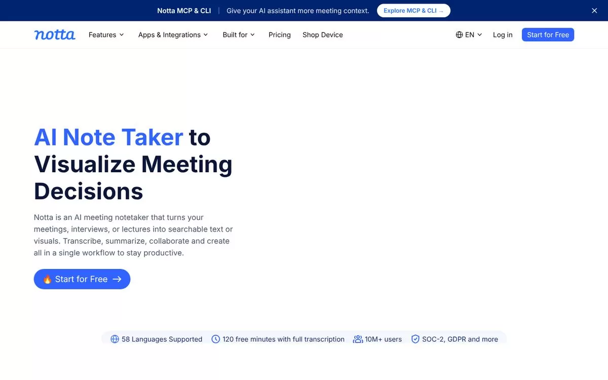 Notta website homepage, one of the best AI meeting note takers