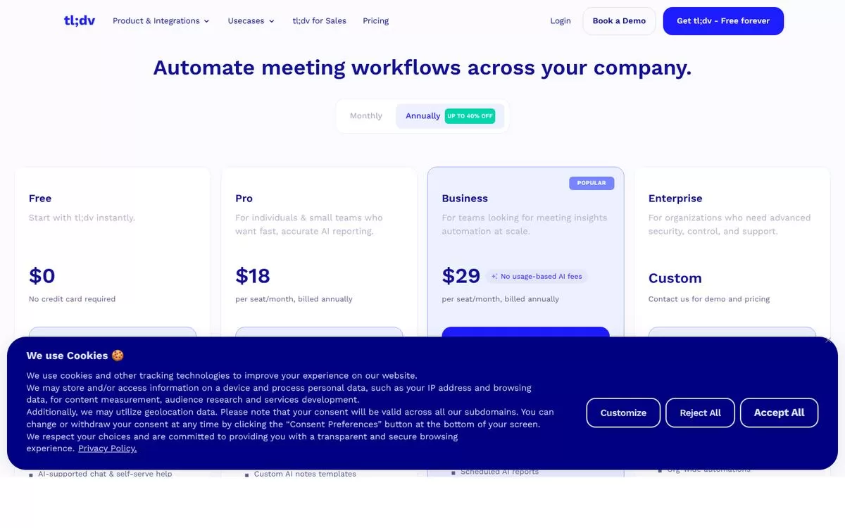 tl;dv website homepage, one of the best AI meeting note takers