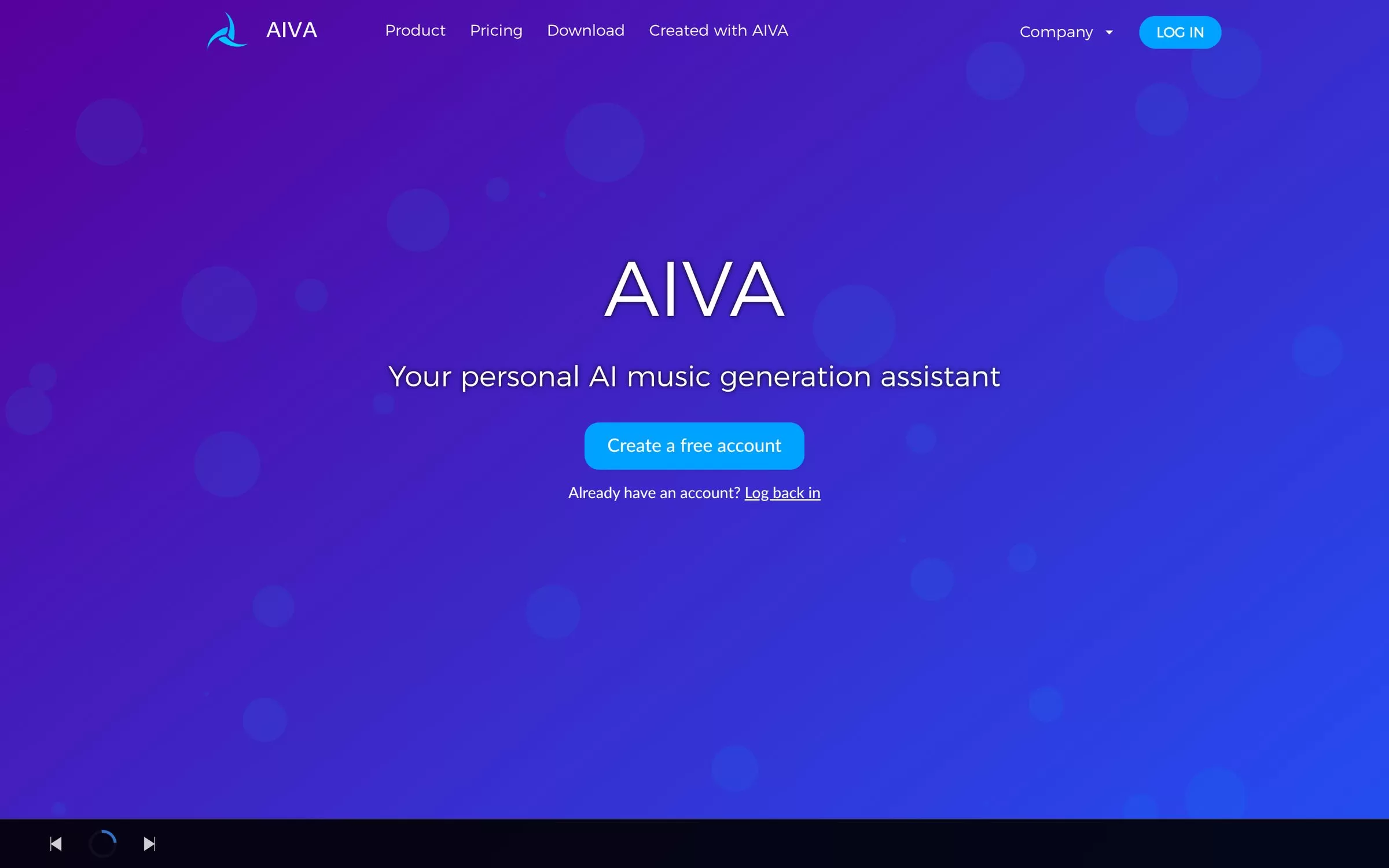 AIVA homepage describing its AI music generation assistant, one of the best AI music generators