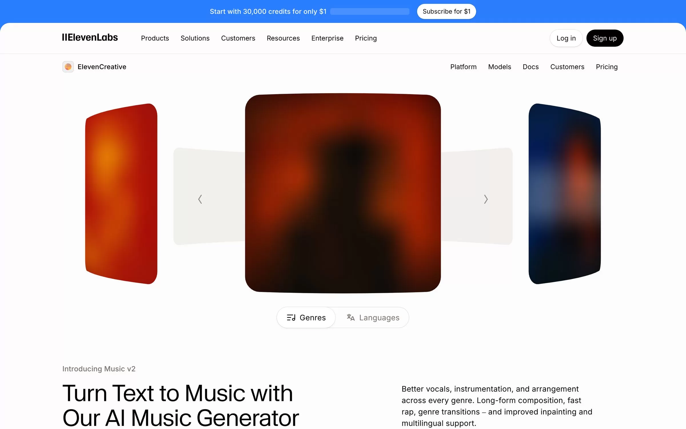 ElevenLabs Music page for generating songs from text, one of the best AI music generators