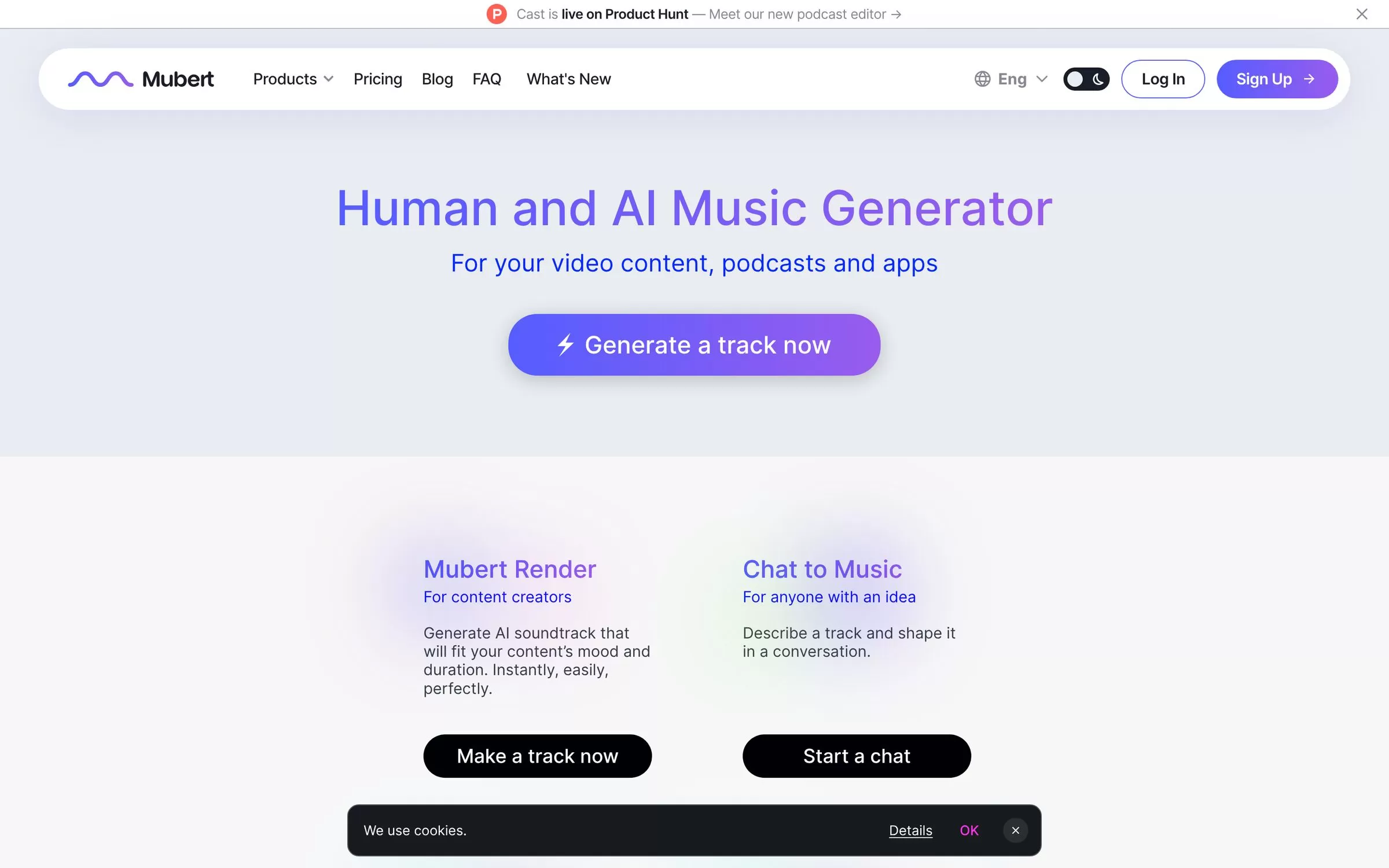 Mubert homepage for generating music for video content and podcasts, one of the best AI music generators