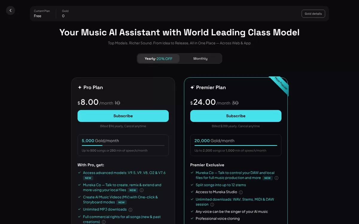 Mureka subscription page showing Pro and Premier plans for an AI music generator, one of the best AI music generators