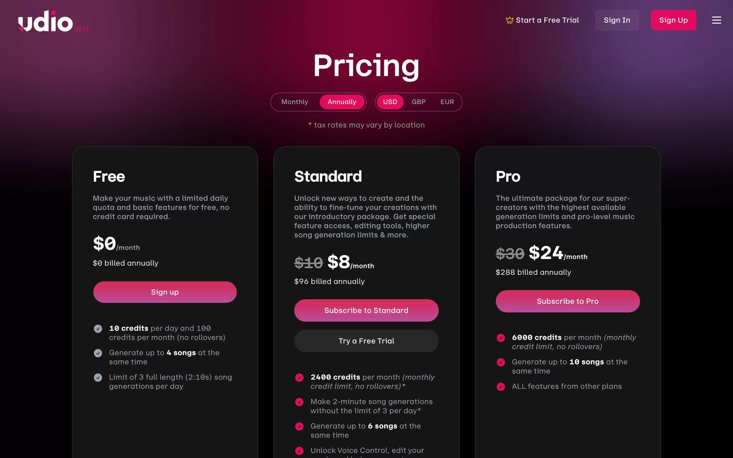 Udio pricing page with Free, Standard and Pro plans for an AI music generator, one of the best AI music generators