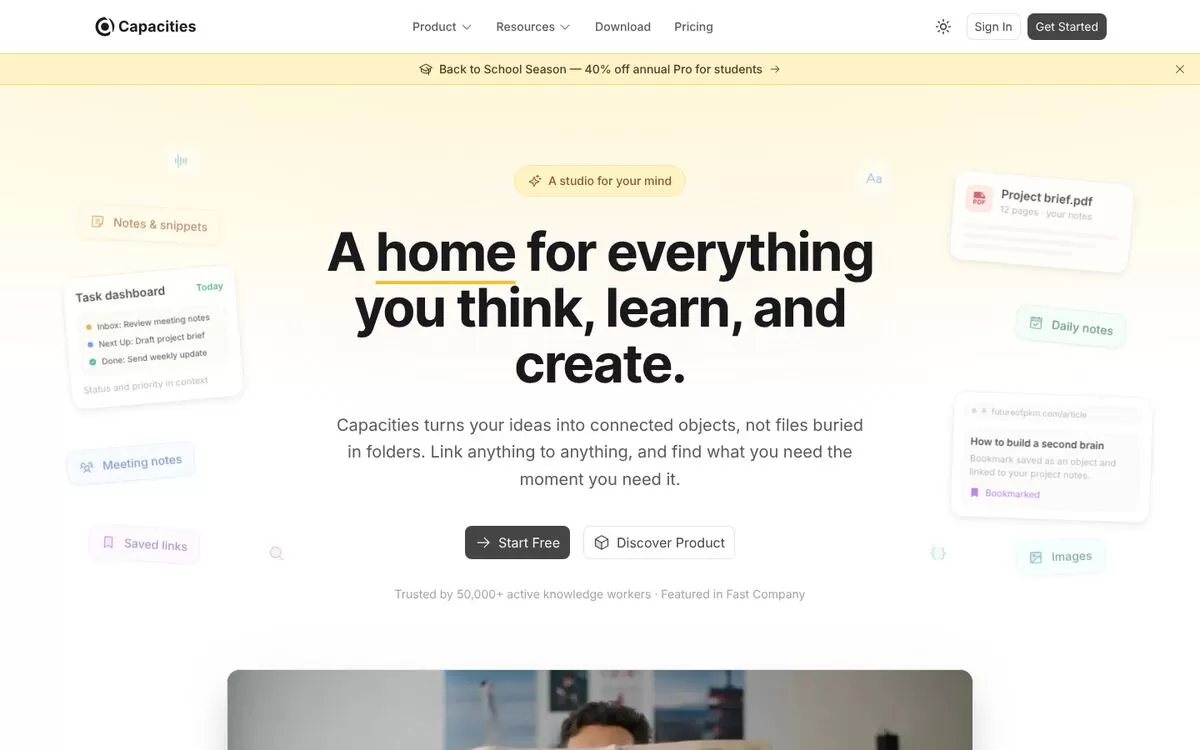 Capacities homepage showing connected objects and daily notes, a free AI note-taking app with an AI assistant on Pro, one of the best AI note-taking apps