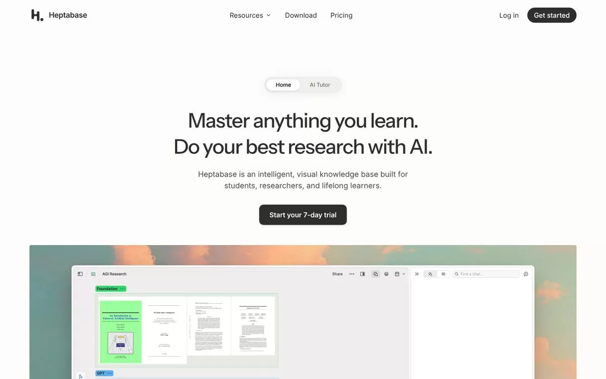 Heptabase homepage promising to master anything you learn with AI, one of the best AI note-taking apps for research
