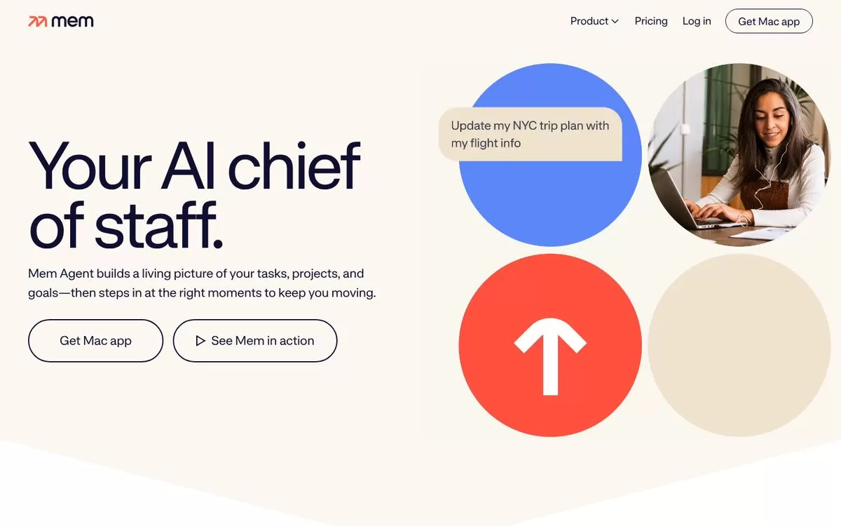Mem homepage with the headline your AI chief of staff, one of the best AI note-taking apps for busy people