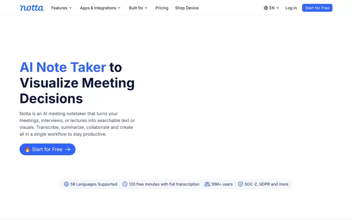 Notta homepage for an AI note taker with 58 languages, one of the best AI note-taking apps for meetings