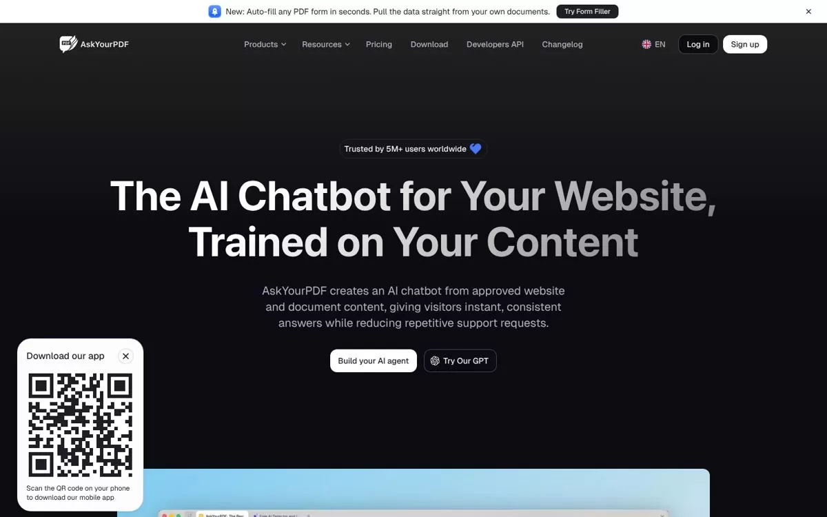 AskYourPDF homepage promoting an AI chatbot trained on your documents, an AI PDF summarizer and chat tool, one of the best AI PDF summarizers