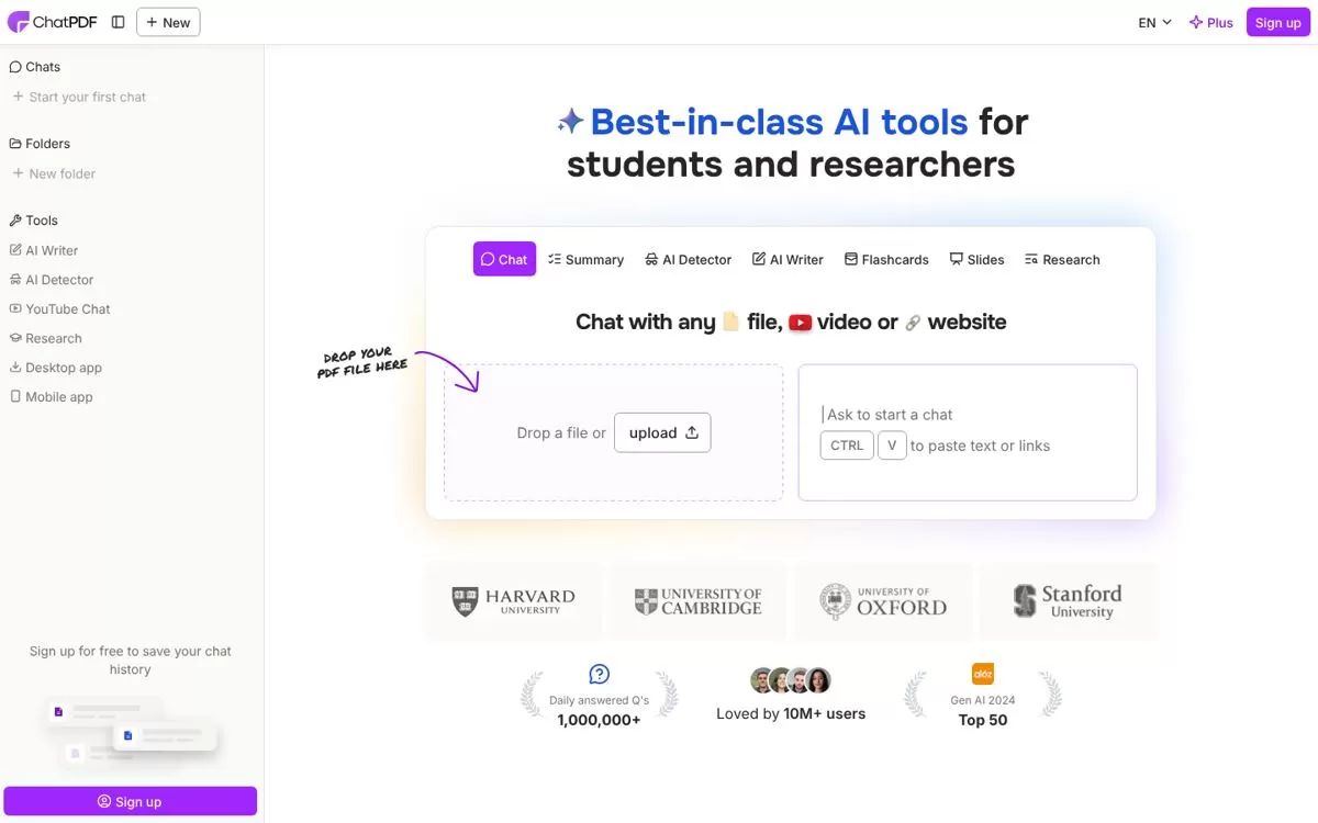 ChatPDF homepage with a box to drop a file and ask questions, one of the best AI PDF summarizers