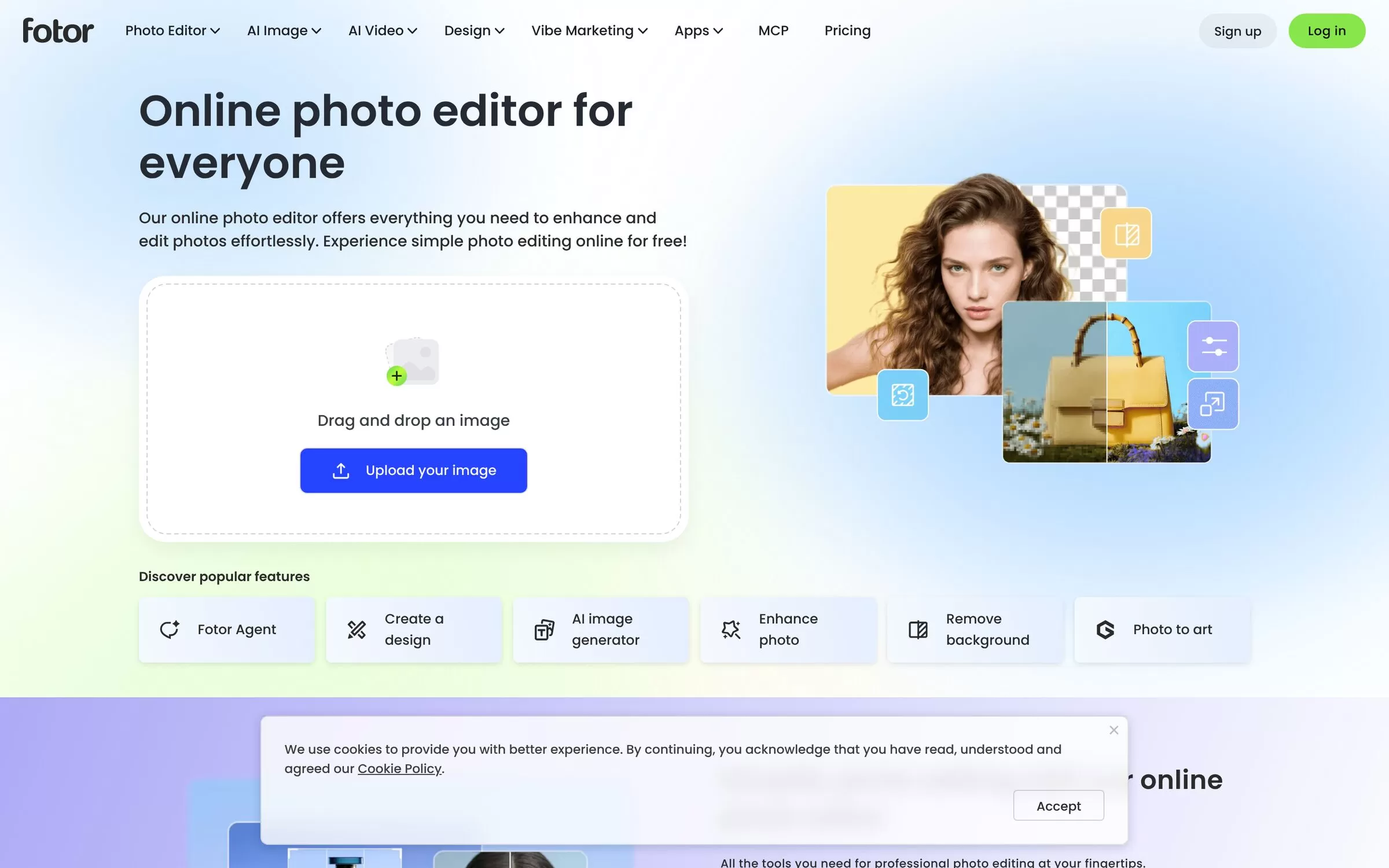 Fotor homepage with online photo editor and AI tools, one of the best AI photo editors