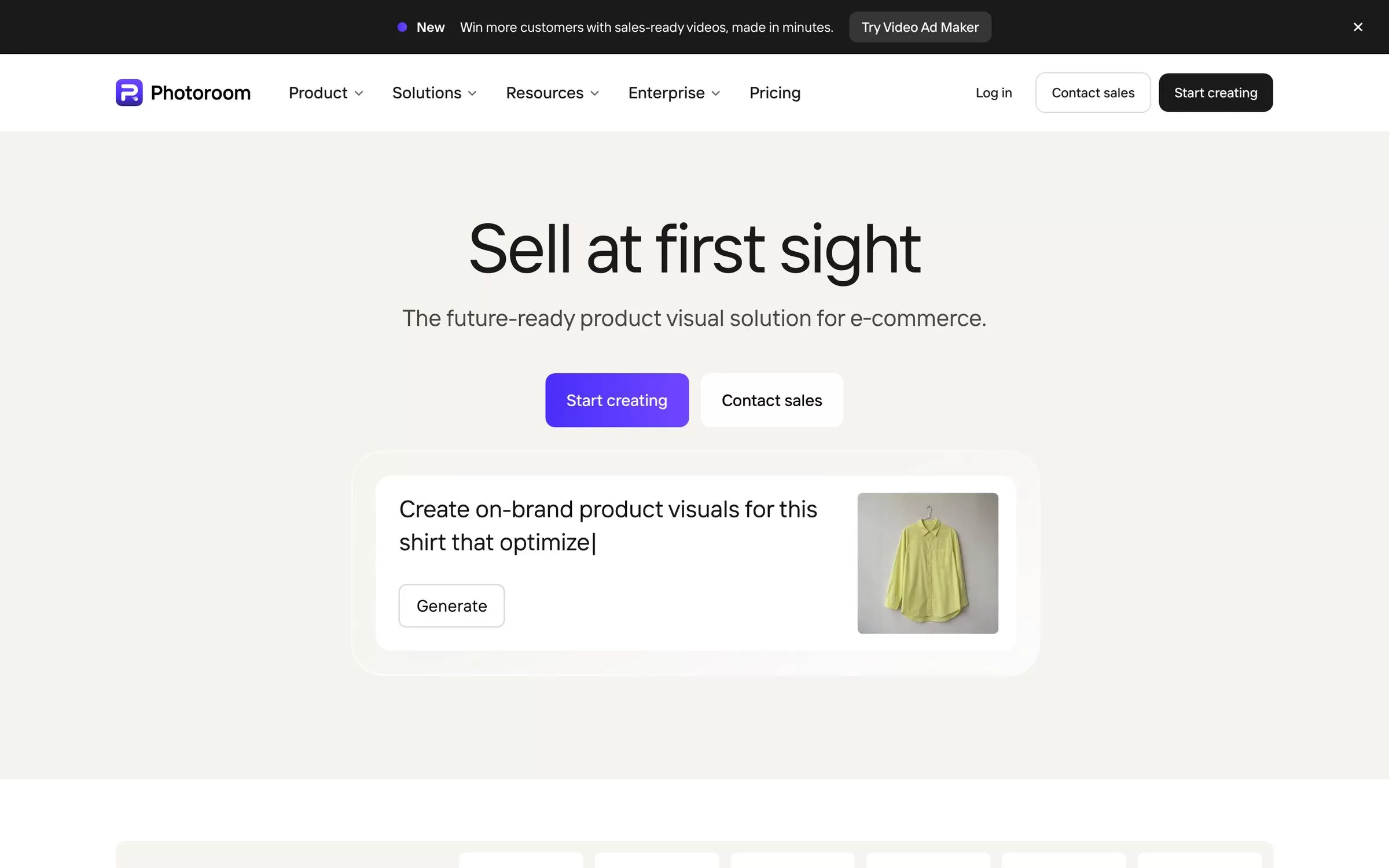 Photoroom homepage showing an AI product visual maker, one of the best AI photo editors for product shots