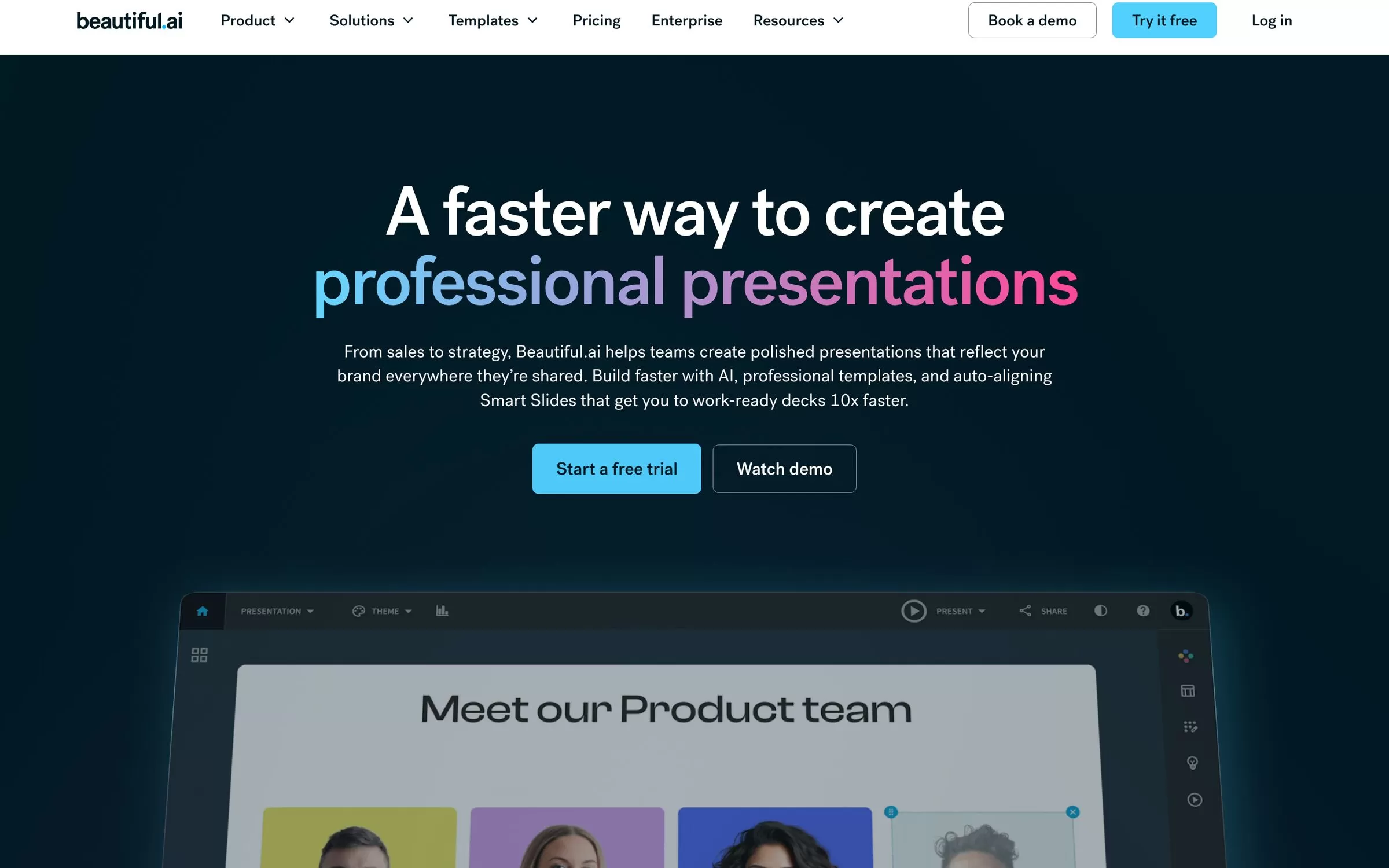 Beautiful.ai homepage showing AI presentation builder with Smart Slides, one of the best AI pitch deck generators