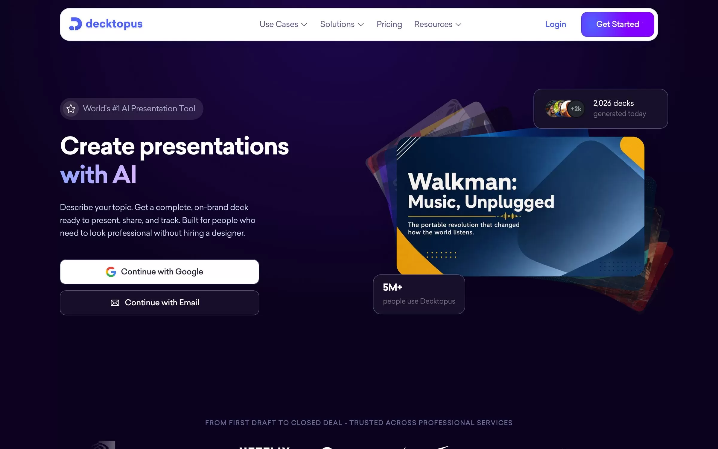Decktopus homepage for creating presentations with AI, one of the best AI pitch deck generators