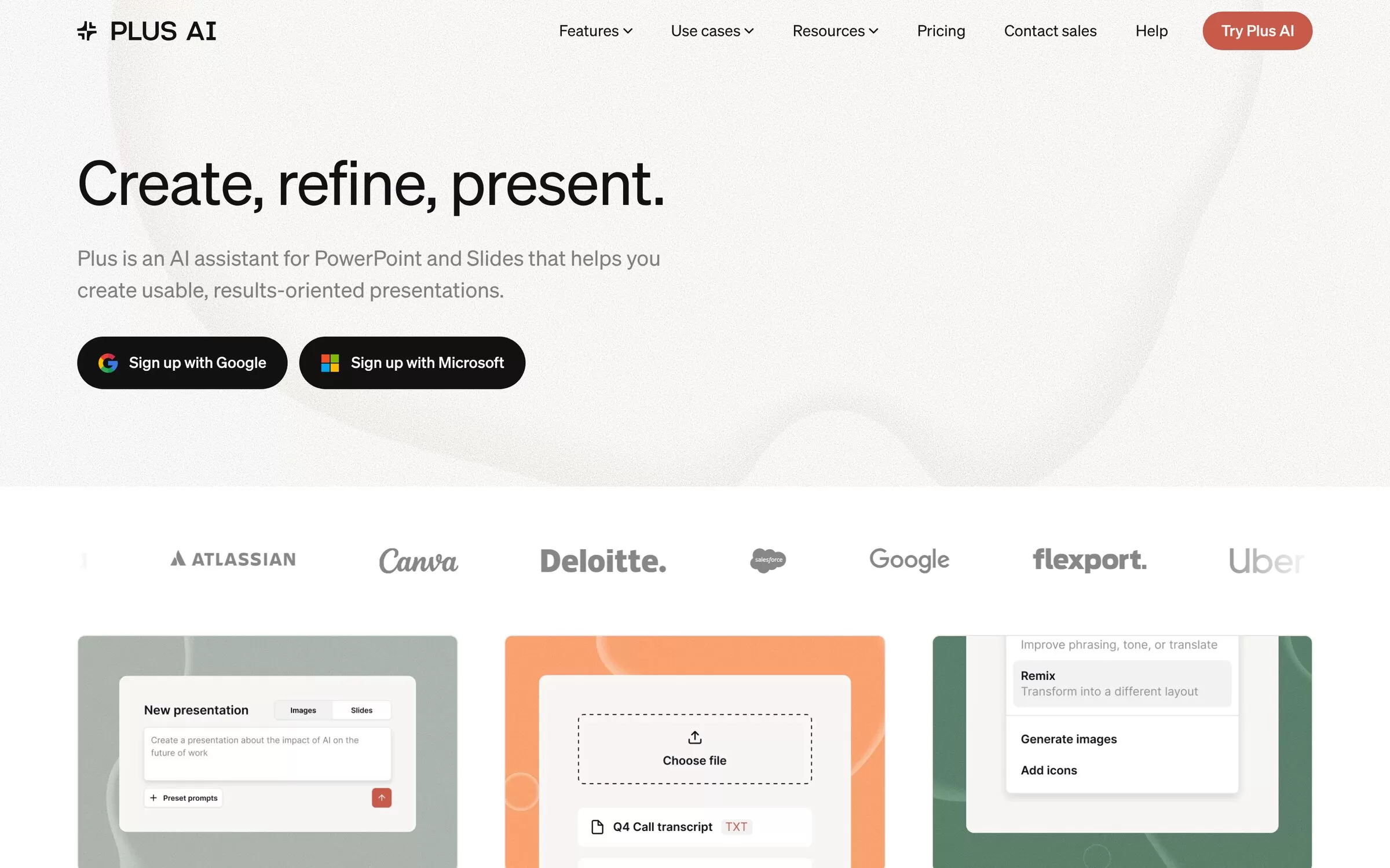 Plus AI homepage for creating presentations in PowerPoint and Google Slides, one of the best AI pitch deck generators