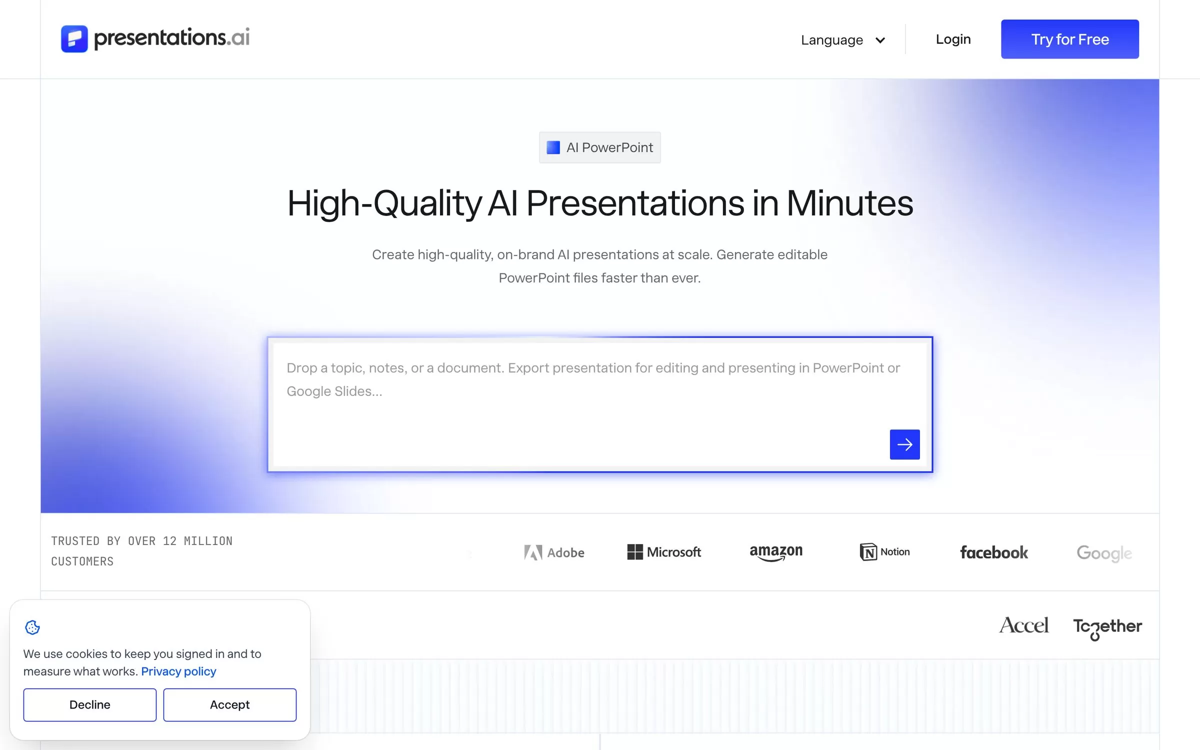 Presentations.ai homepage showing the AI presentation generator, one of the best AI pitch deck generators