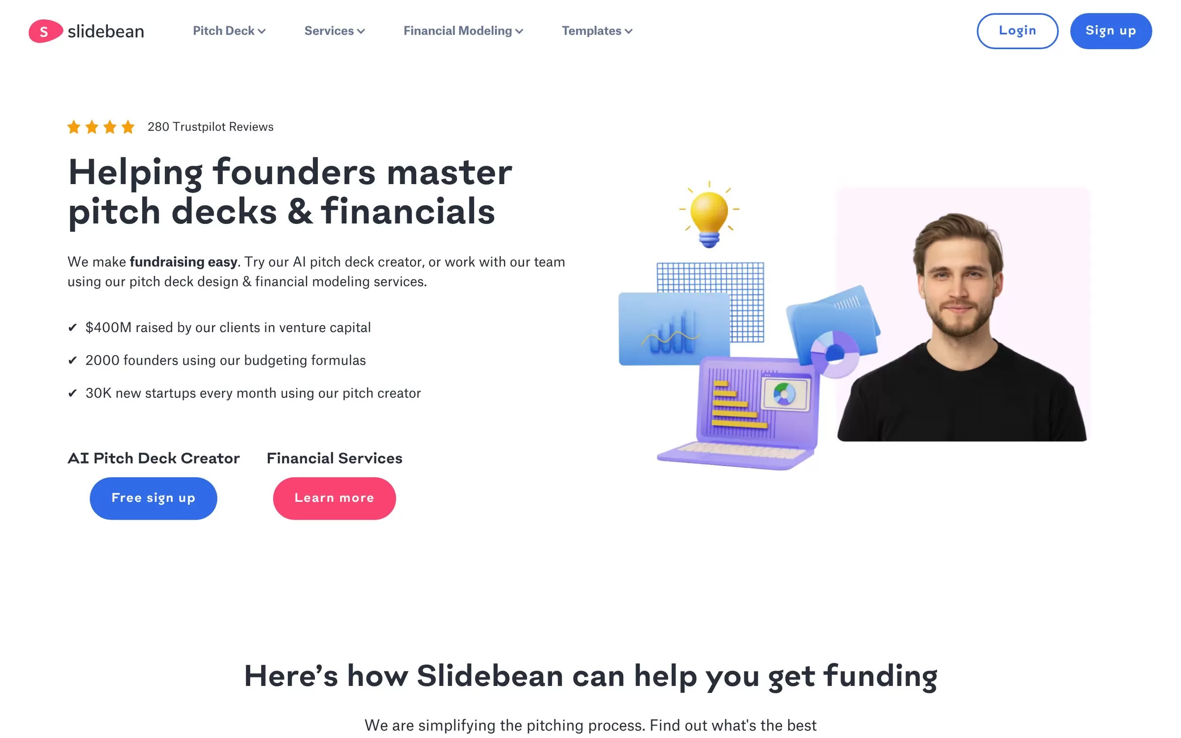 Slidebean homepage for the AI pitch deck creator for founders, one of the best AI pitch deck generators