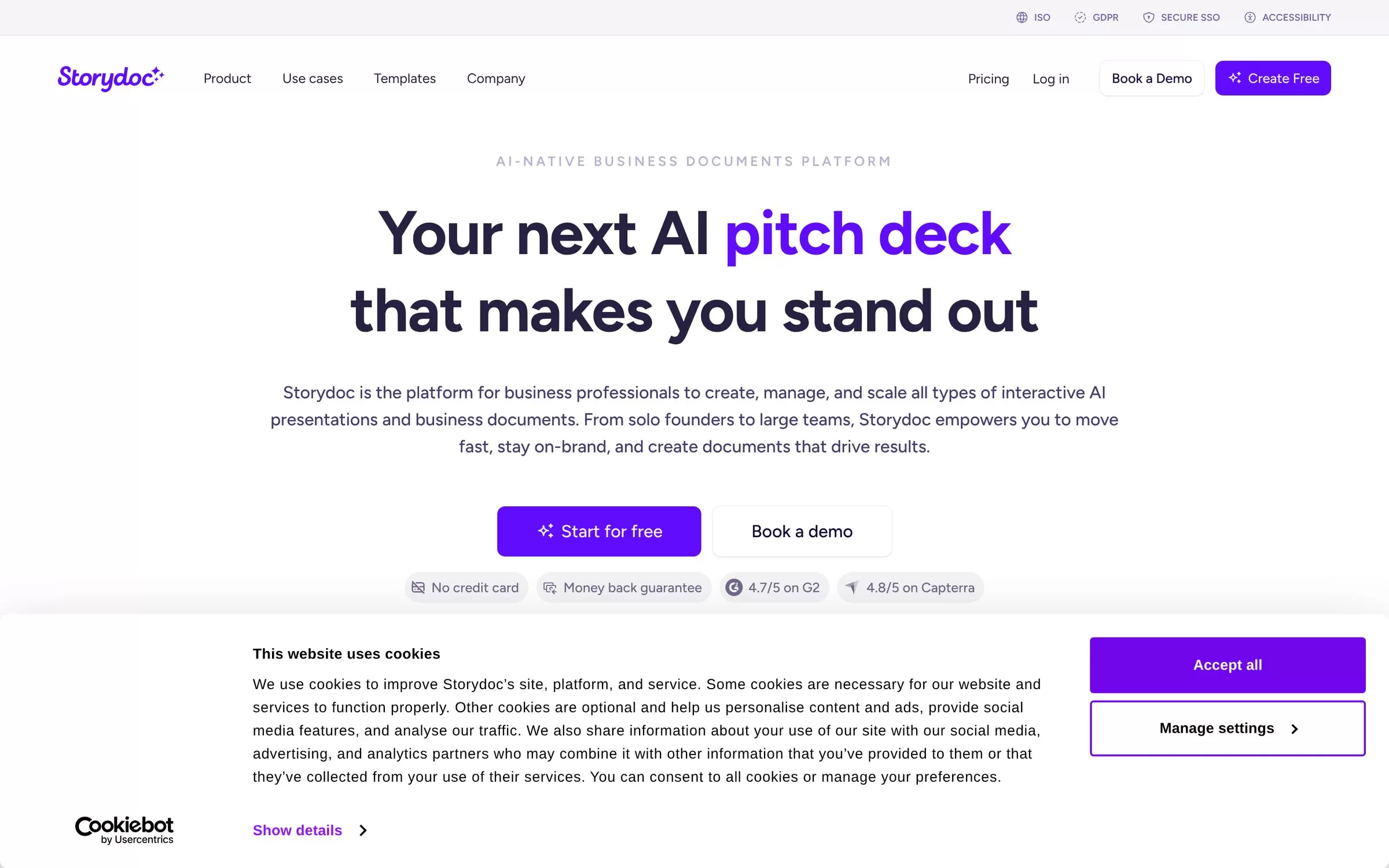 Storydoc homepage promoting an AI pitch deck that makes you stand out, one of the best AI pitch deck generators