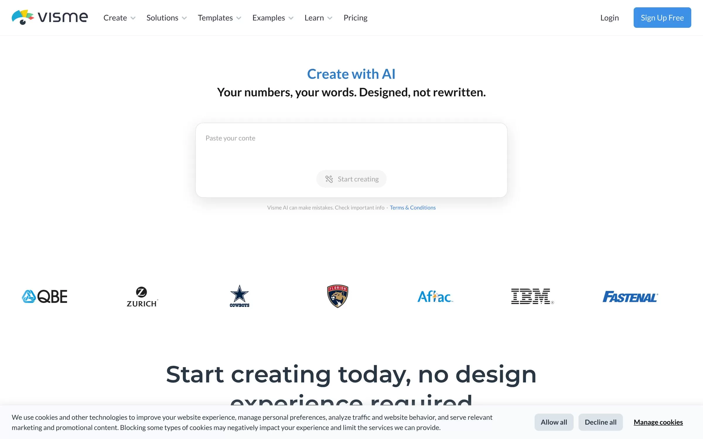 Visme homepage with its Create with AI section, one of the best AI pitch deck generators