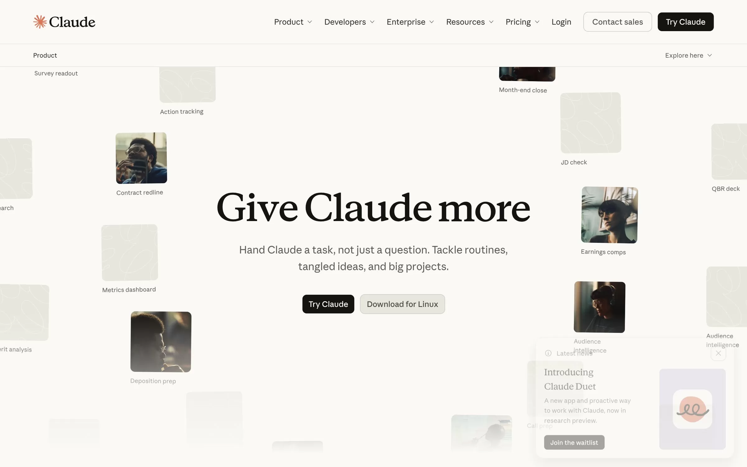 Claude homepage with task cards such as earnings comps and audience intelligence, one of the best AI research assistants