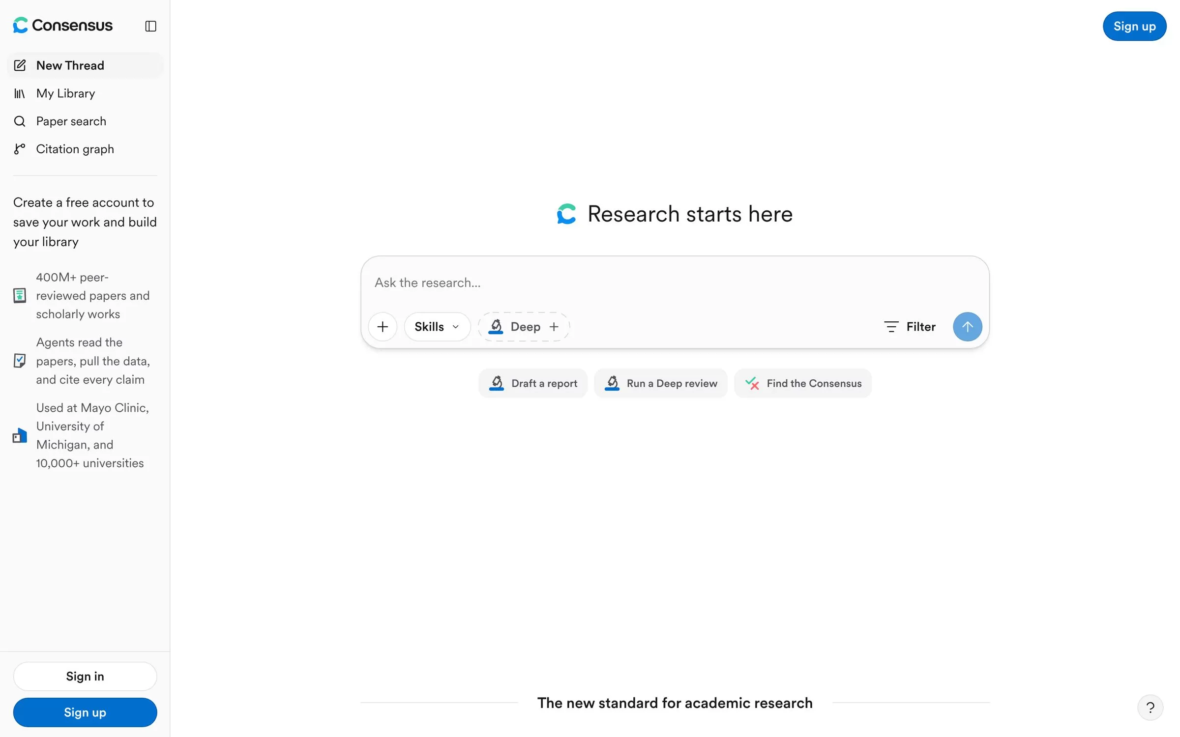 Consensus homepage with a research question box, an AI research assistant for papers, one of the best AI research assistants