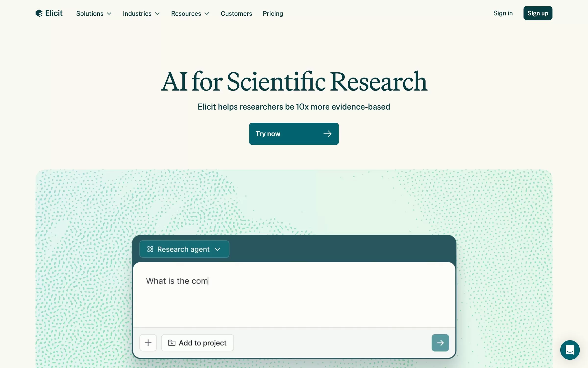 Elicit homepage showing its research agent, one of the best AI research assistants for papers