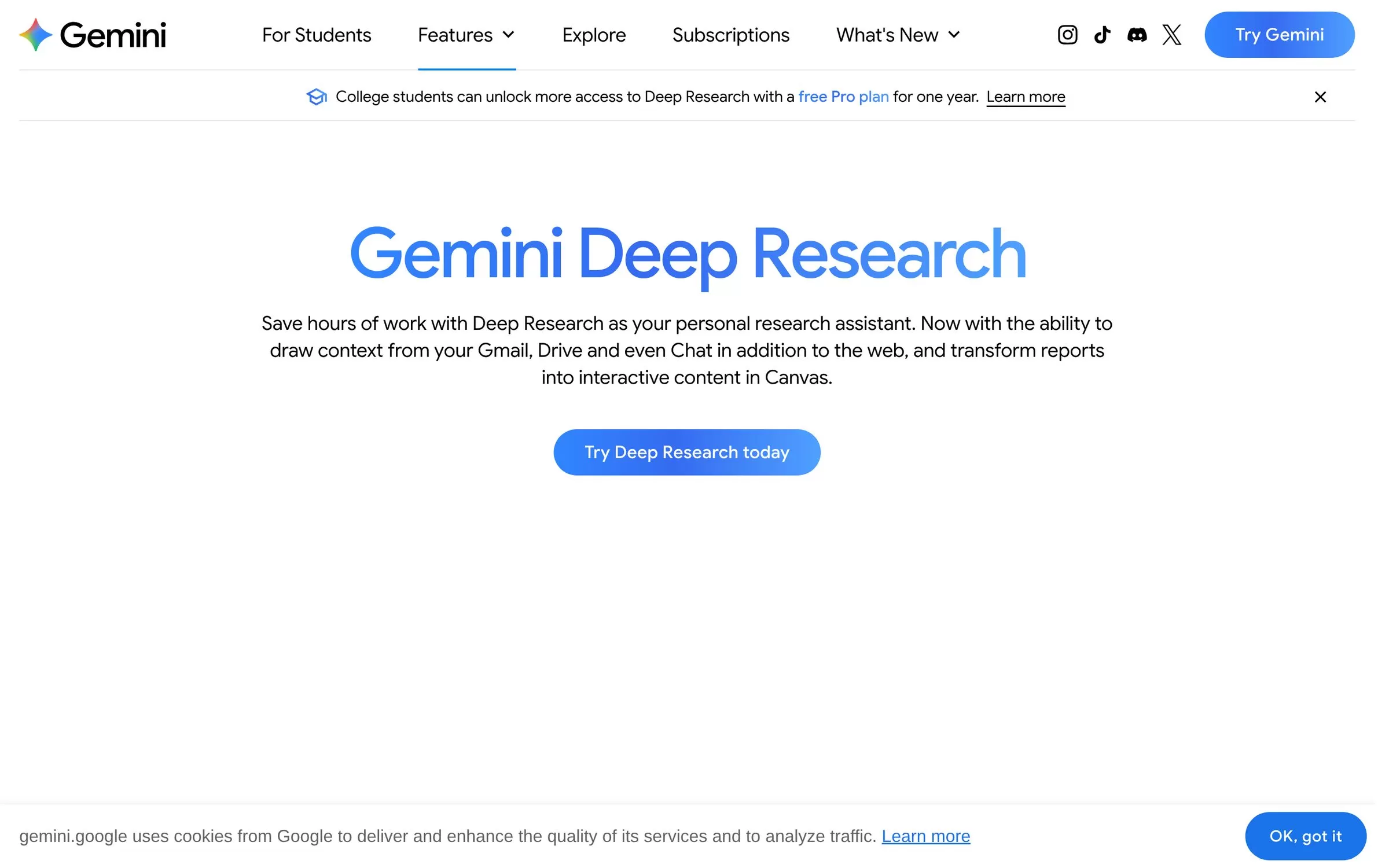 Gemini Deep Research page describing a personal research assistant, one of the best AI research assistants